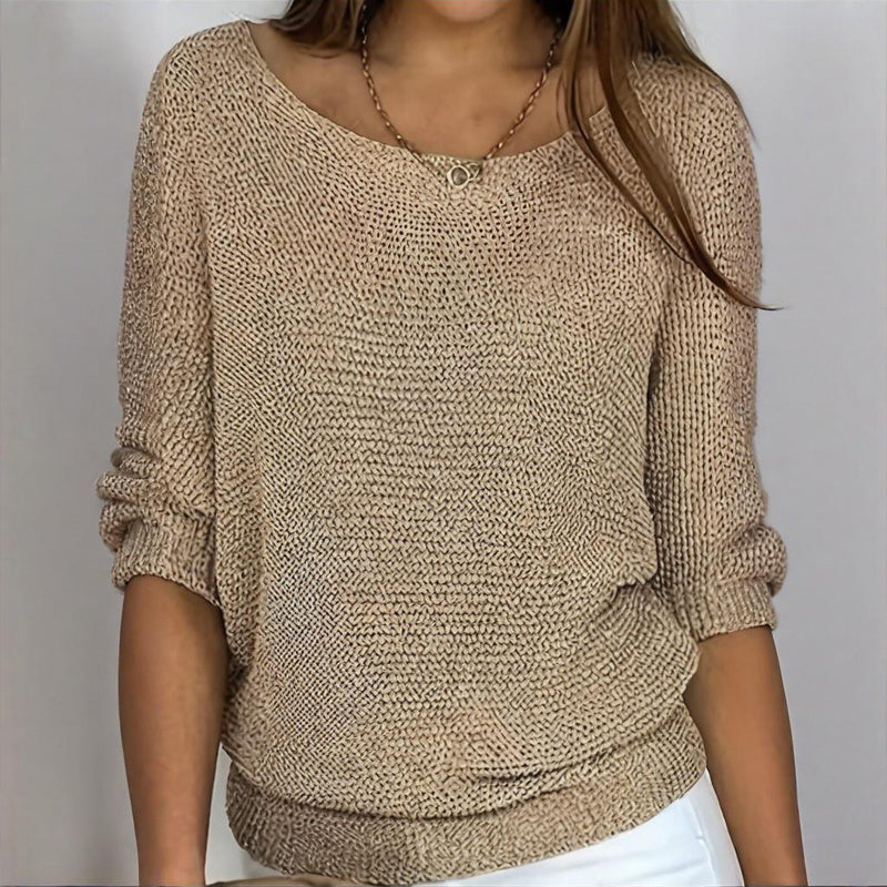 Women's Elegant Solid Color Round Neck Long Sleeve Knit Sweater - Basic Casual Top For Spring&Fall