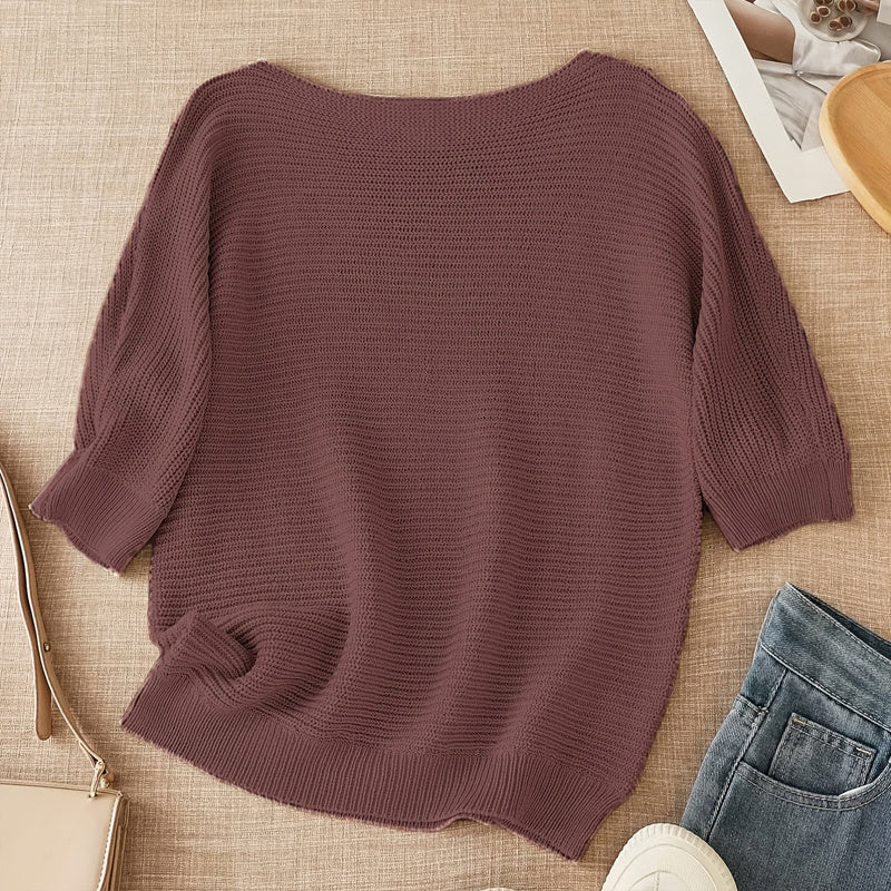 Women's Elegant Solid Color Round Neck Long Sleeve Knit Sweater - Basic Casual Top For Spring&Fall