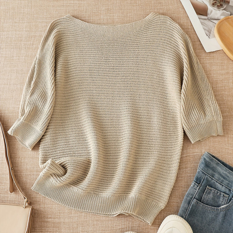 Women's Elegant Solid Color Round Neck Long Sleeve Knit Sweater - Basic Casual Top For Spring&Fall