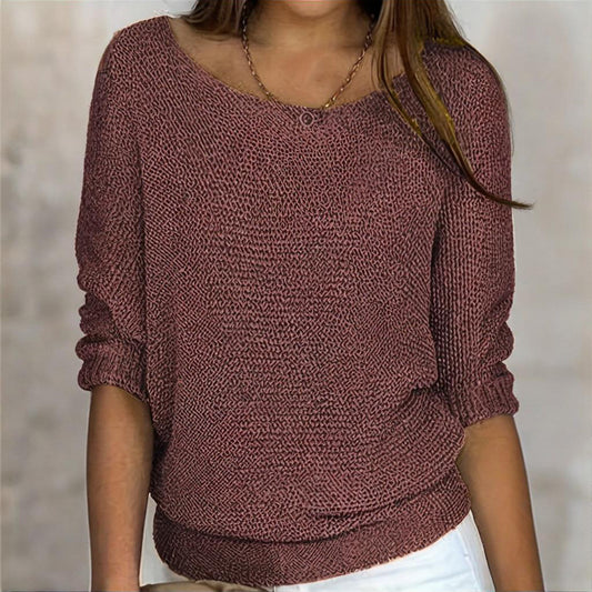 Women's Elegant Solid Color Round Neck Long Sleeve Knit Sweater - Basic Casual Top For Spring&Fall